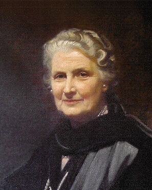 Oil painting of Maria Montessori holding a book