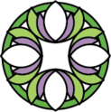 Illustration of stylized kauna’oa flower in dark green outlined circle