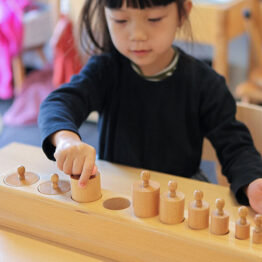 Young Asian girl in blue long sleeve dress seated playing with wooden knob cylinder socket Montessori matching by size teaching tool