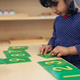 Young girl in blue dress with white polka dots standing at desk looking down while tracing yellow numbers on green plastic cards with her finger
